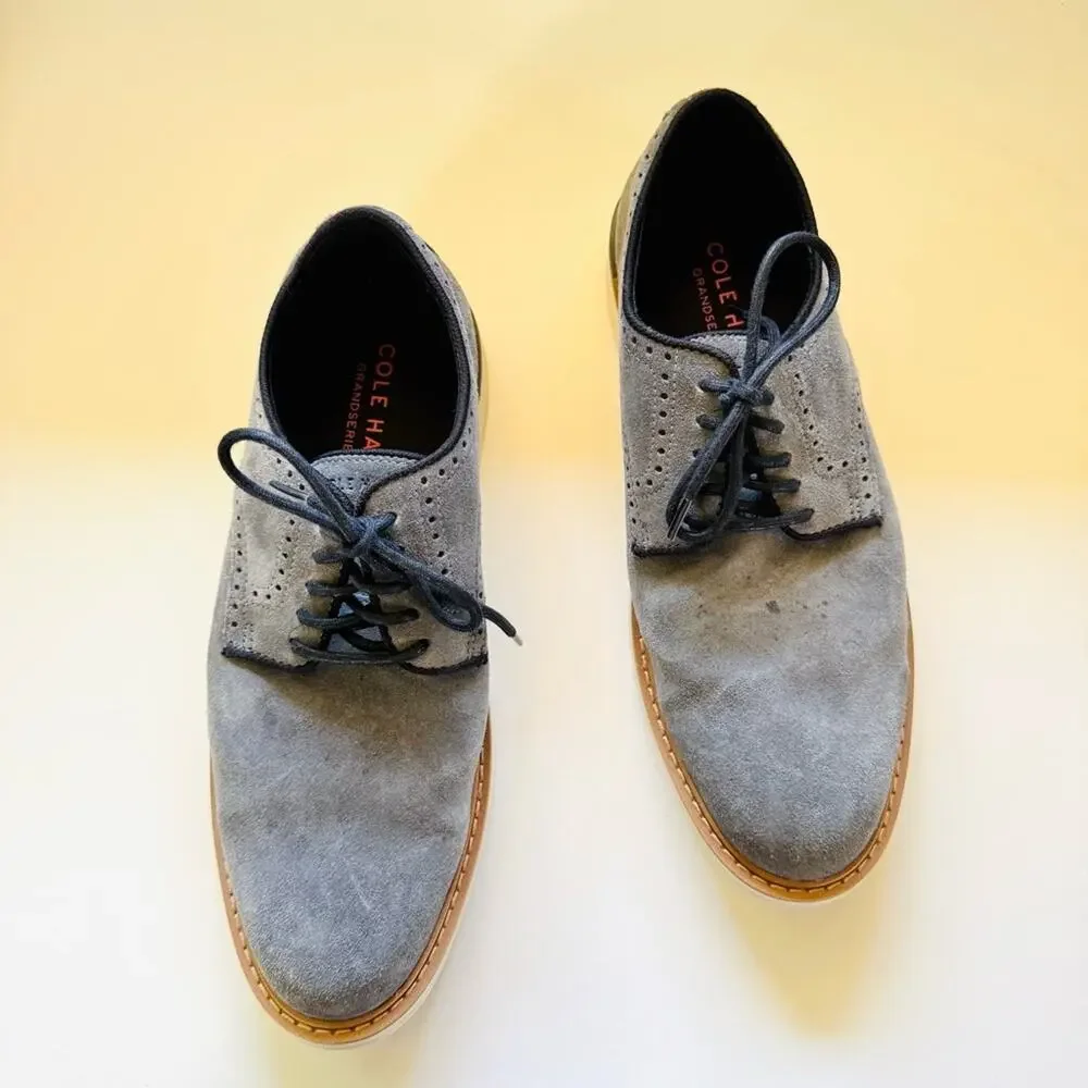 MENS COLE HAAN Soft Blue Suede Leather White Tan Black Derby Oxford Lace Up 8.5